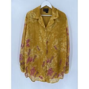Alex Kim Vintage Blouse Womens 1X Gold Yellow Floral Print Button Up Casual Top
